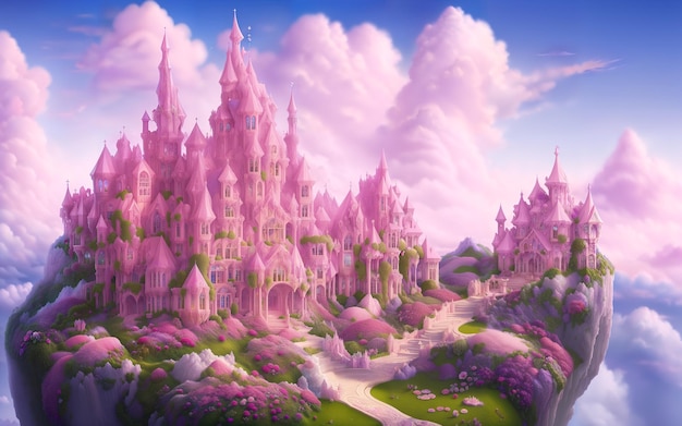 Fairytale pink castle in the clouds