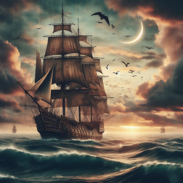 A fairytale ship majestically sails across the waves of the boundless sea framed by clouds