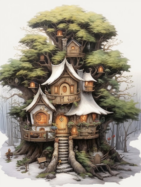 Fairytale tree house village in forest kids illustration