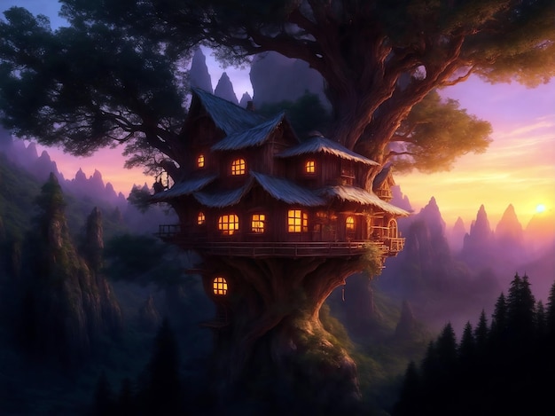 Fairytale treehouse village covered Generative AI Illustration