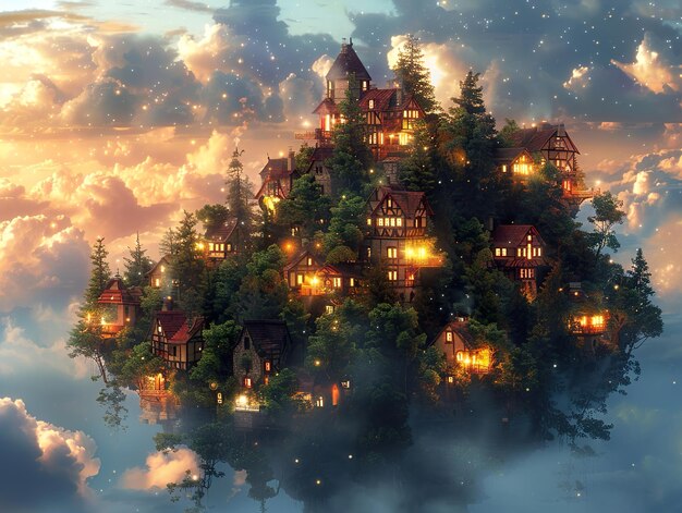 Photo a fairytale village is on a cloudy night