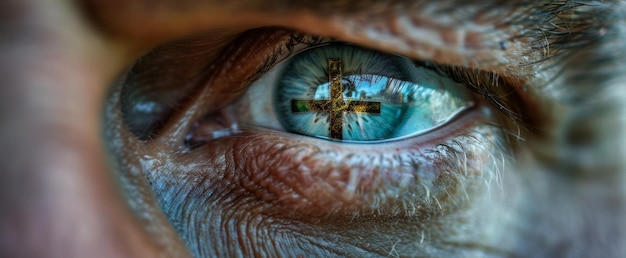 Faith in the Eye of the Beholder Closeup photography of a Christian cross reflecting in a man