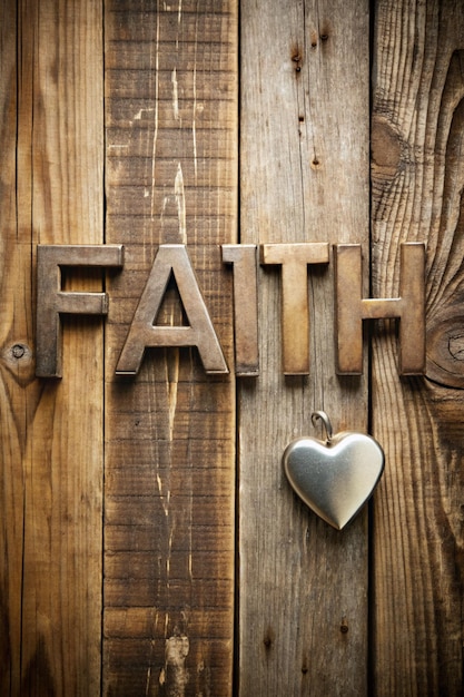 Photo faith love christianity heart background a rustic wood background with the word faith spelled out in metal letters and a love heart