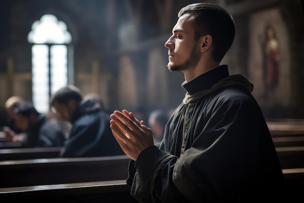 Faithful priest praying in catholic church