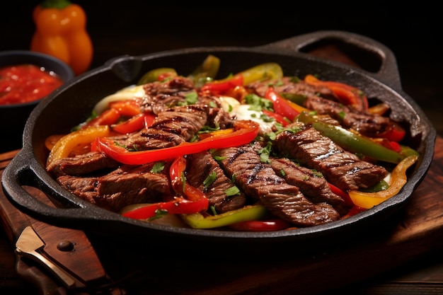 Fajitas beef meat traditional mexican food dish in a pan