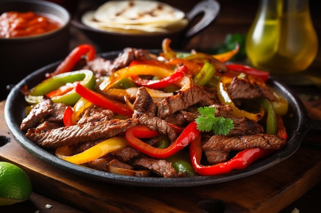 Fajitas of fried meat strips onion julienned green yellow and red bell peppers served on table