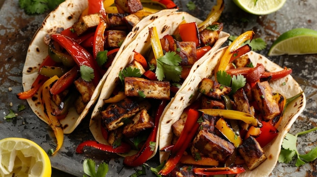 Photo fajitas with a plantbased twist showcasing savory grilled tofu and a colorful mix of fireroasted peppers