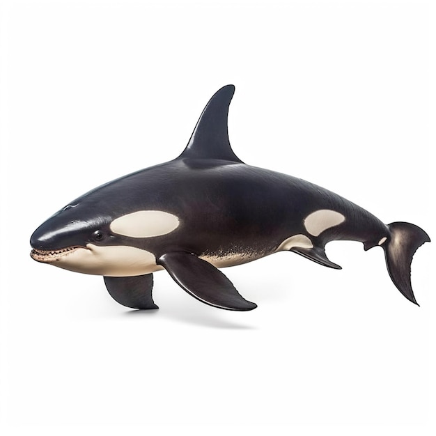 A fake orca whale with black and white markings on its face.