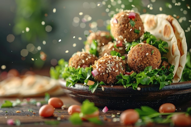 Photo falafel balls on a bed of lettuce with pita bread and sesame seeds on a rustic wooden table