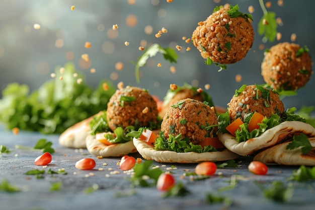 Falafel balls and pita with toppings floating dynamically ar 32 style raw stylize 250 Job ID e0f15d964b9a4a61b347fe63a50fd764