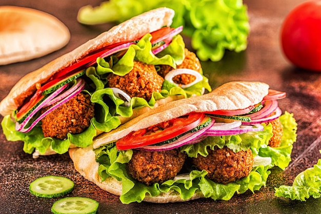 Falafel and fresh vegetables in pita bread