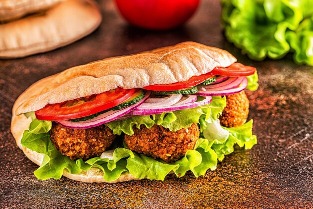 Falafel and fresh vegetables in pita bread