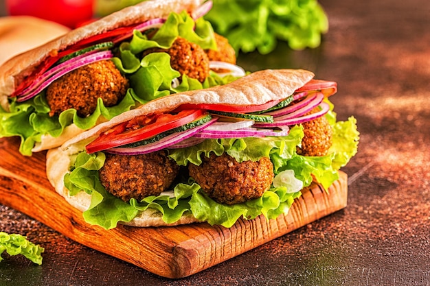 Falafel and fresh vegetables in pita bread