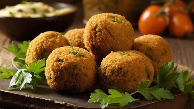 Falafel on a table on a wooden board with parsley or cilantro vegan food generative AI