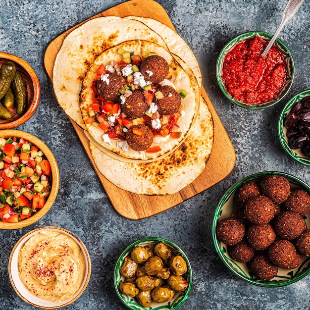 Falafel - traditional dish of Israeli and Middle Eastern cuisine, top view.