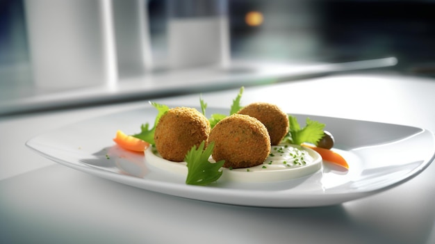 Falafel in a white plate on a table in a Falafel in a white plate on a table in a restaurant