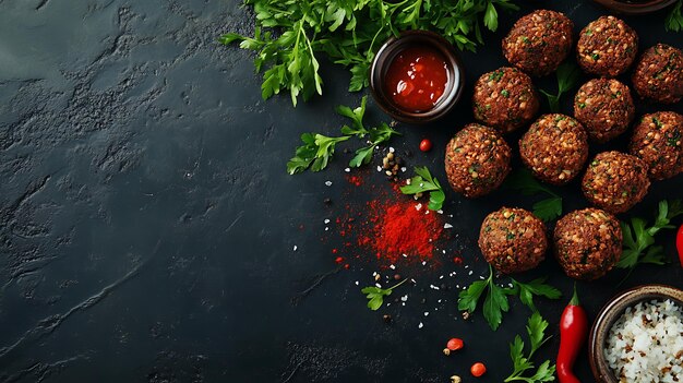 Photo falafel with chili parsley and red pepper on a black background