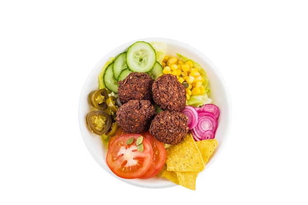 Falafel with vegetables and nachos Isolated Top view