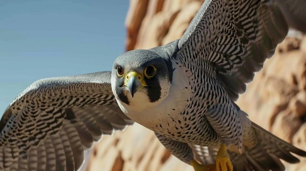 A falcon is flying in the sky with its wings spread wide