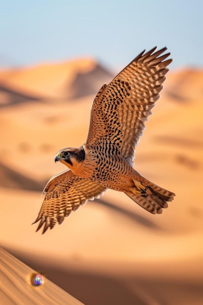 A falcon with sharp human eyes flies high above the desert symbolizing keen insight and precision