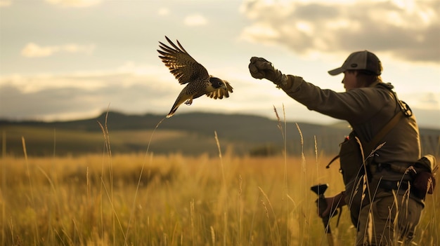 Photo falconer training a falcon in an open field