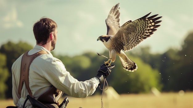 Photo falconer training a falcon in an open field