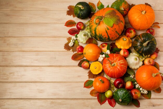 Fall arrangement with green orange striped pumpkins snowberry leaves yellow and white squash