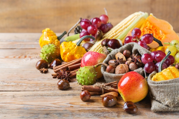 Fall autumn harvest background with pumpkin apple chestnut corn