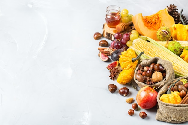 Fall autumn harvest background with pumpkin apple chestnut corn