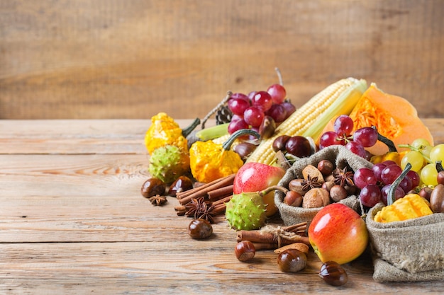 Fall autumn harvest background with pumpkin apple chestnut corn