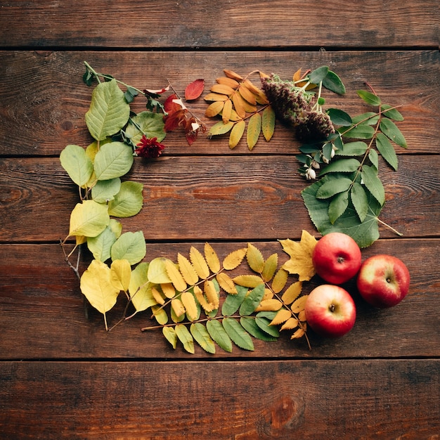 Fall autumn leaves on rustic wooden wall