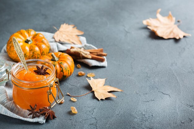 Fall autumn pumpkin jam confiture with spices