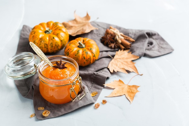 Fall autumn pumpkin jam confiture with spices