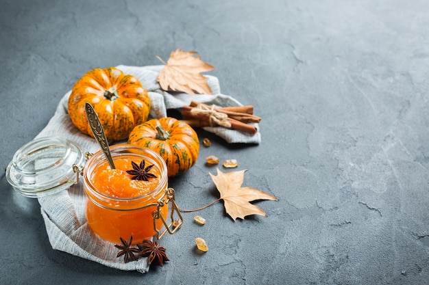 Fall autumn pumpkin jam confiture with spices