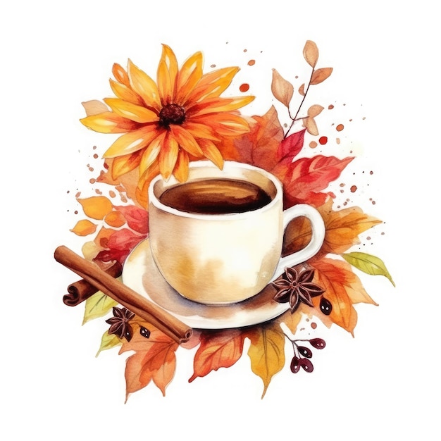 fall coffee and flower watercolor sublimation clipart On White Background