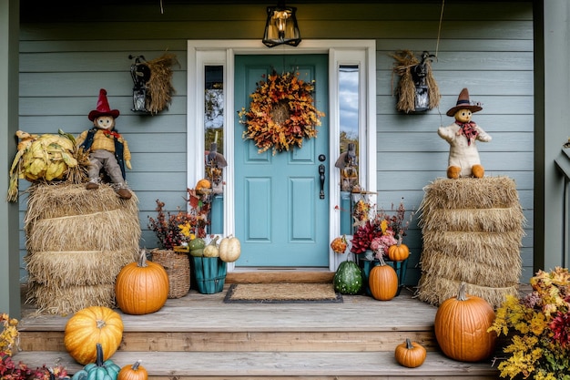 Fall Decor on a Front Porch with a Blue Door