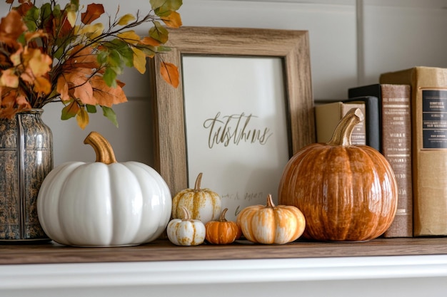 Fall Decor with Pumpkins Books and a Thanks Sign