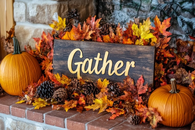 Fall Decor with Pumpkins and a Gather Sign