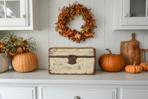 Fall Decor with Pumpkins a Wreath and an Antique Trunk on a Kitchen Counter