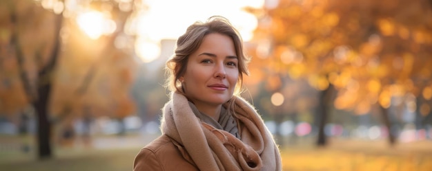 Fall Fashion Focus on a Caucasian woman in her 30s wearing autumn clothes with a city park background soft daylight empty space left for text