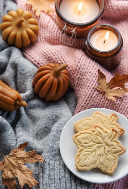 Fall flat lay with coffee and autumn decor