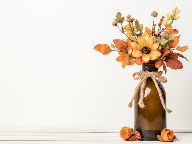 Photo fall floral arrangement in a rustic brown bottle