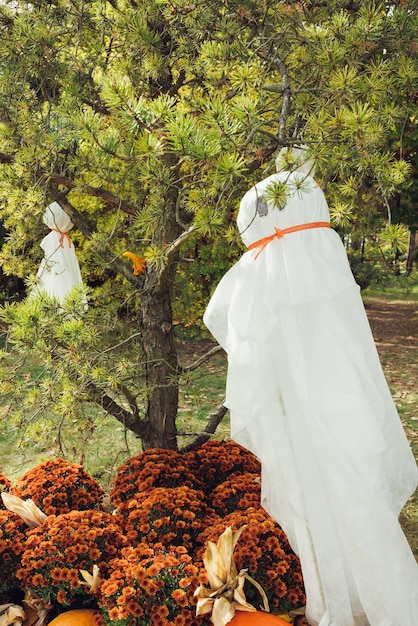 Fall flower decoration and Halloween DIY ghosts hanging on tree