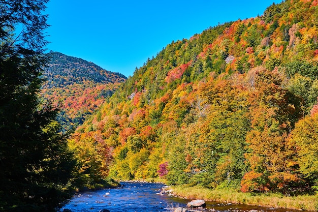 Fall foliage in New York lines shallow river with mountains in distance