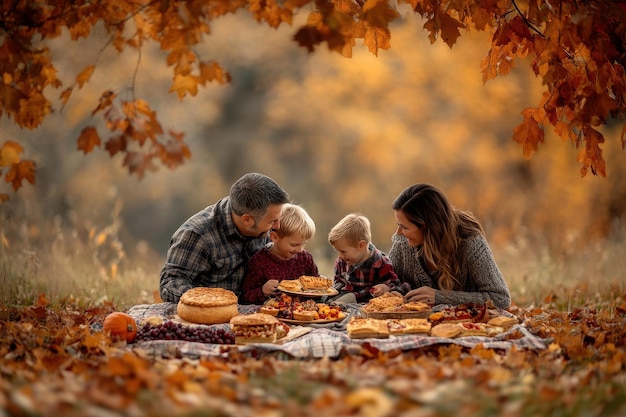 Photo fall foliage and picnic a family enjoying a picnic outdoors amidst beautiful fall foliage