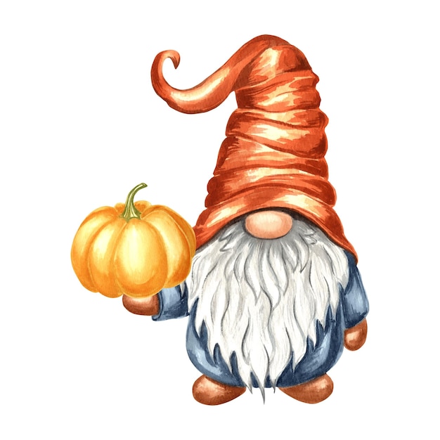 Fall gnome with pumkin nordic magic dwarfs hand drawn watercolor illustration isolated