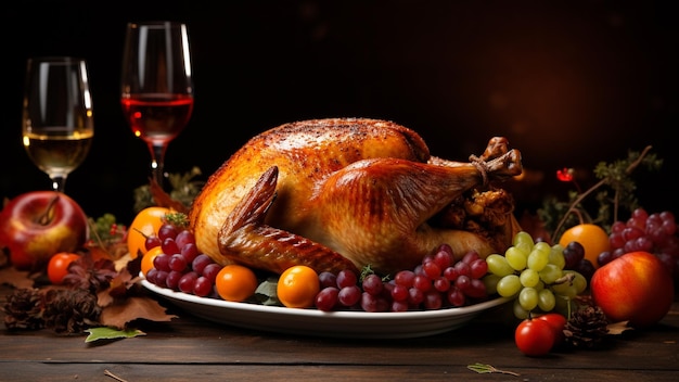 Fall harvest cornucopia on table blurred Autumn season with fruit and vegetable Thanksgiving day