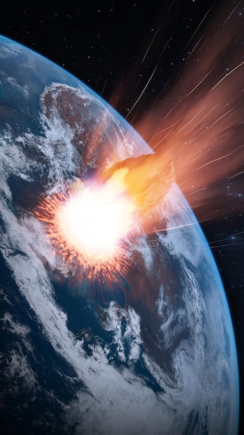 Fall huge asteroid to earth big explosion Armageddon end of the world Destruction of planet earth by huge asteroid 3d render