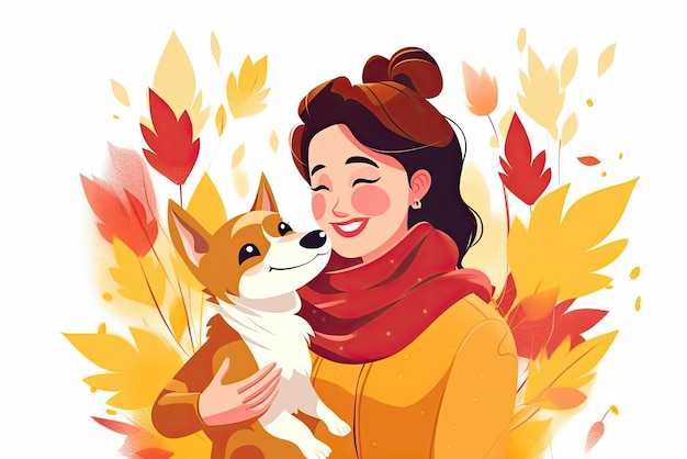 Fall illustration with smiling woman hug dog show care and attention to animal on white background