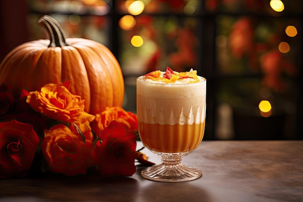 Fall inspired cocktail with colorful pumpkin and autumn colored backdrop